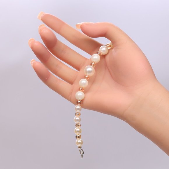 Champagne color necklace 3 piece set with pearls and gold accents. - Picture 7 of 9